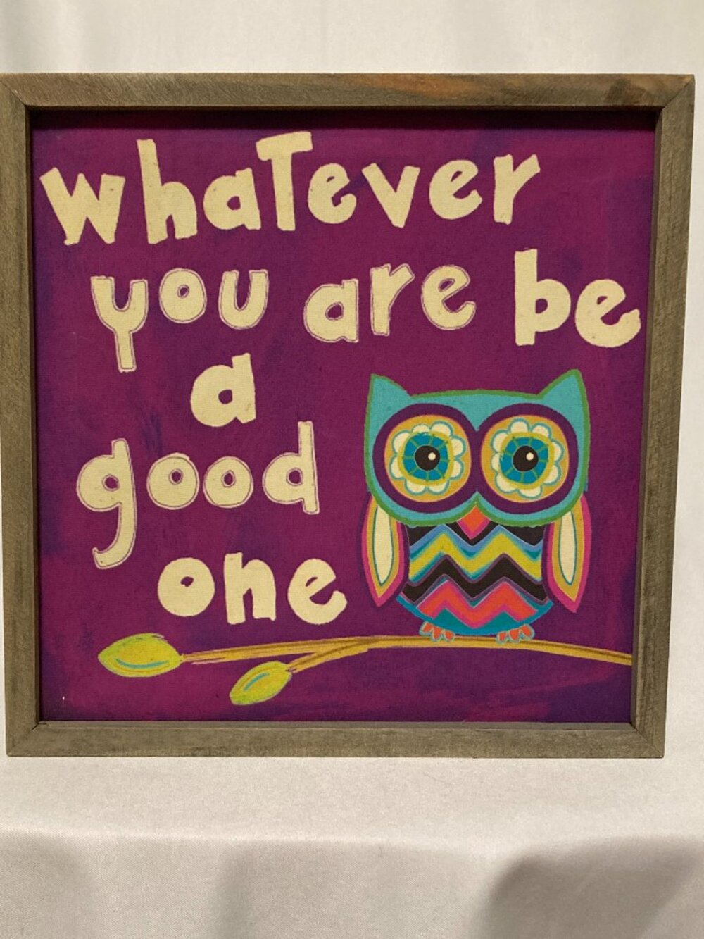 Natural Life Small Box Sign Shelf Sitter Owl Boho Wooden Frame 7.5"